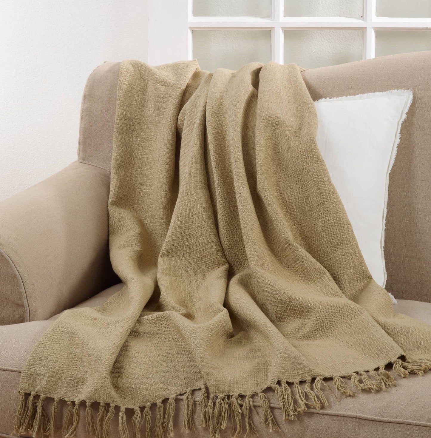 TH512 - Classic Tasseled Pure Cotton Natural Throw Blanket