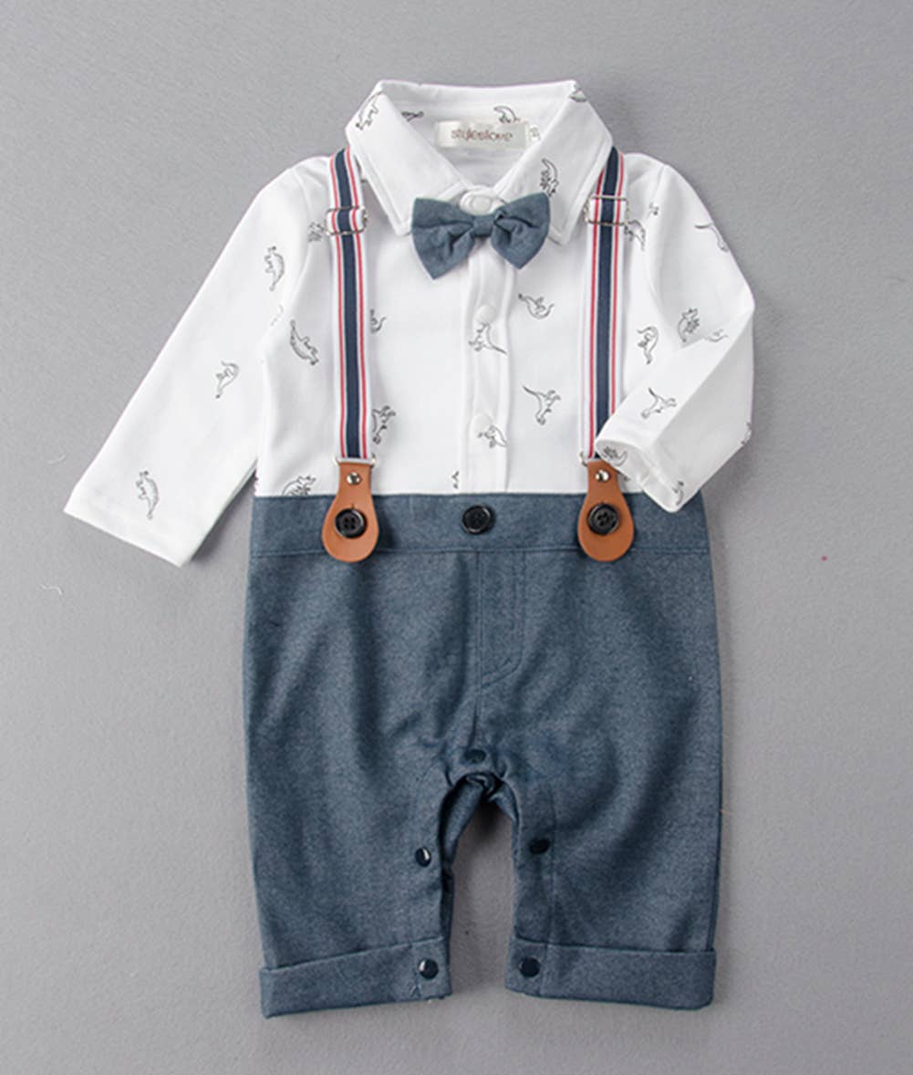 Dinosaur Print Tuxedo Suspender Baby Boy Romper