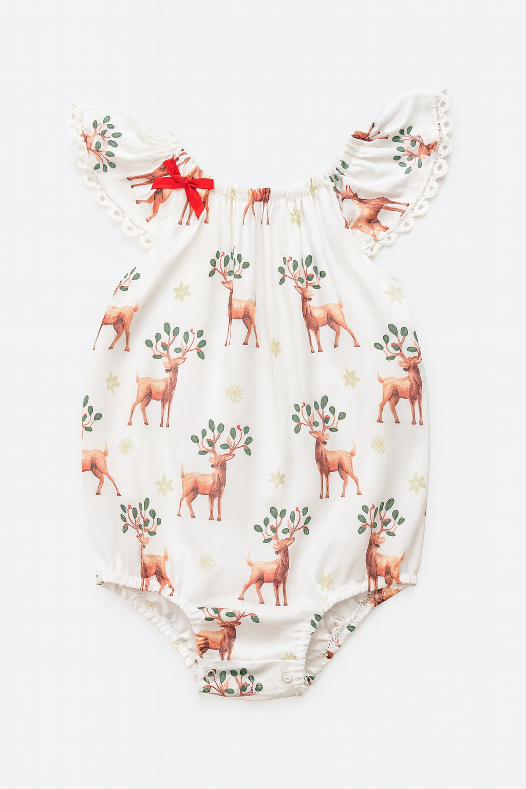 White Reindeer Lace Cape Sleeve Baby Sunsuit Romper