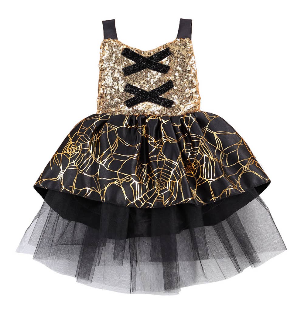 Gold Black Spiderweb Hallowen Tutu Girl Dress