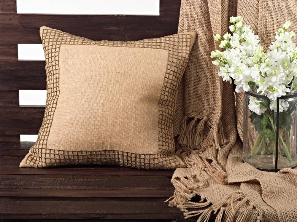 Hand Beaded Burlap 18" Down Filled Throw Pillow