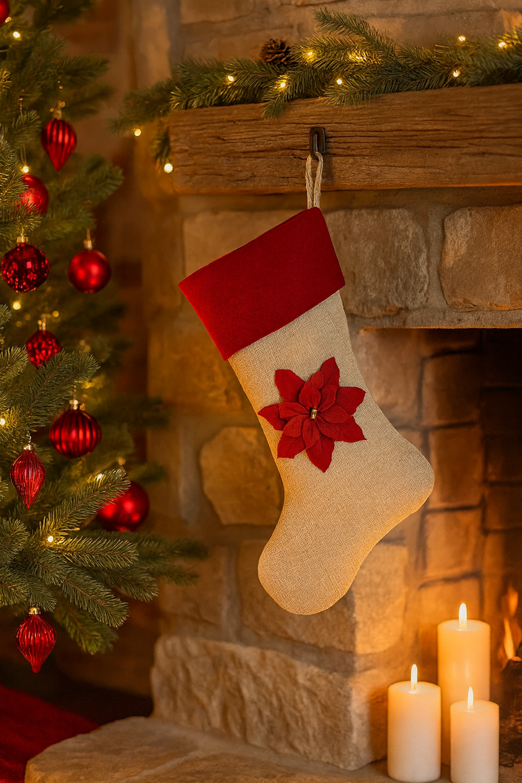 Red 3D Poinsettia Natural Holiday Stocking