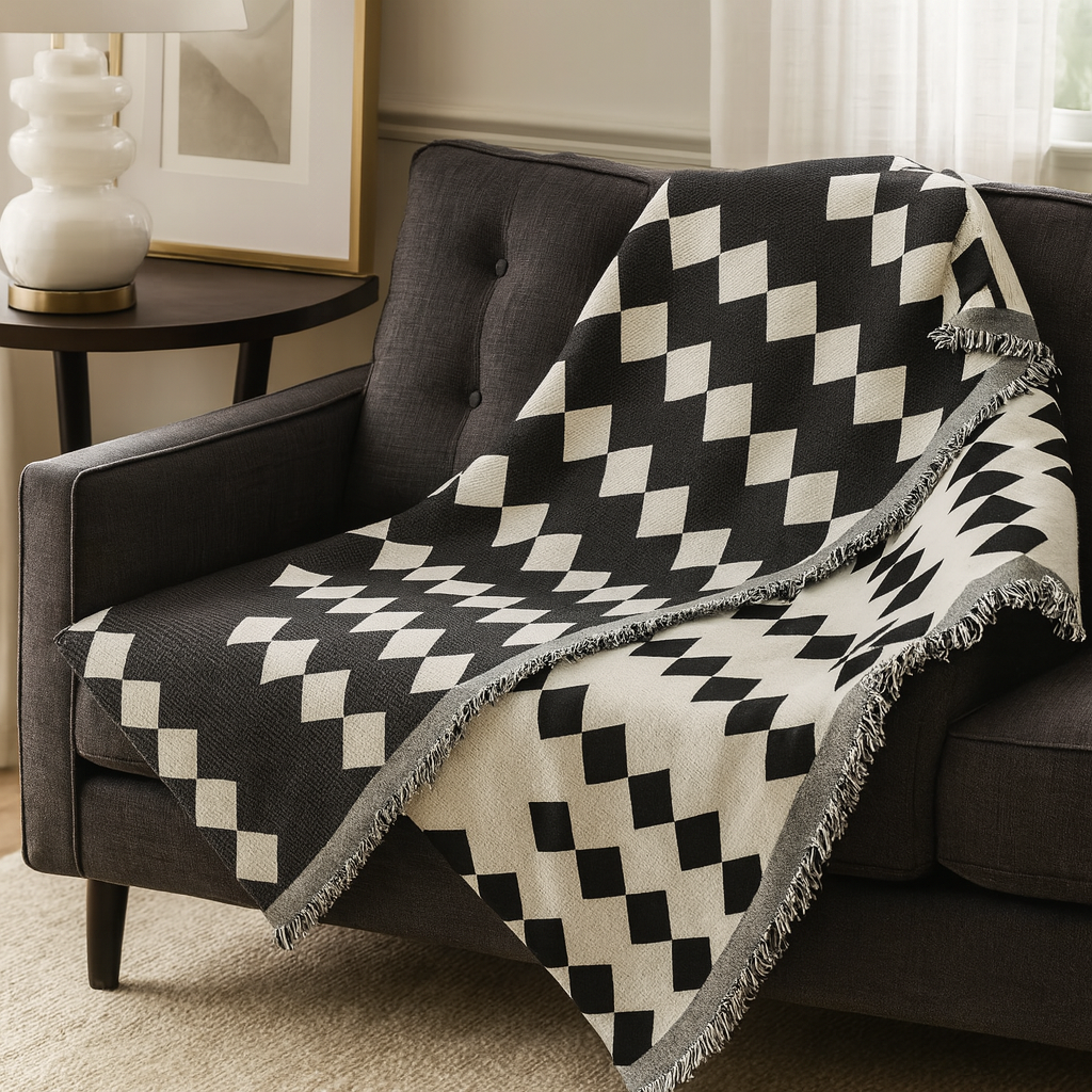 White & Black Modern Reversible Throw Blanket
