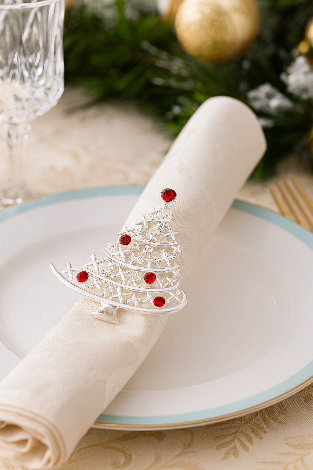 Silver Jeweled Christmas Tree Napkin Ring