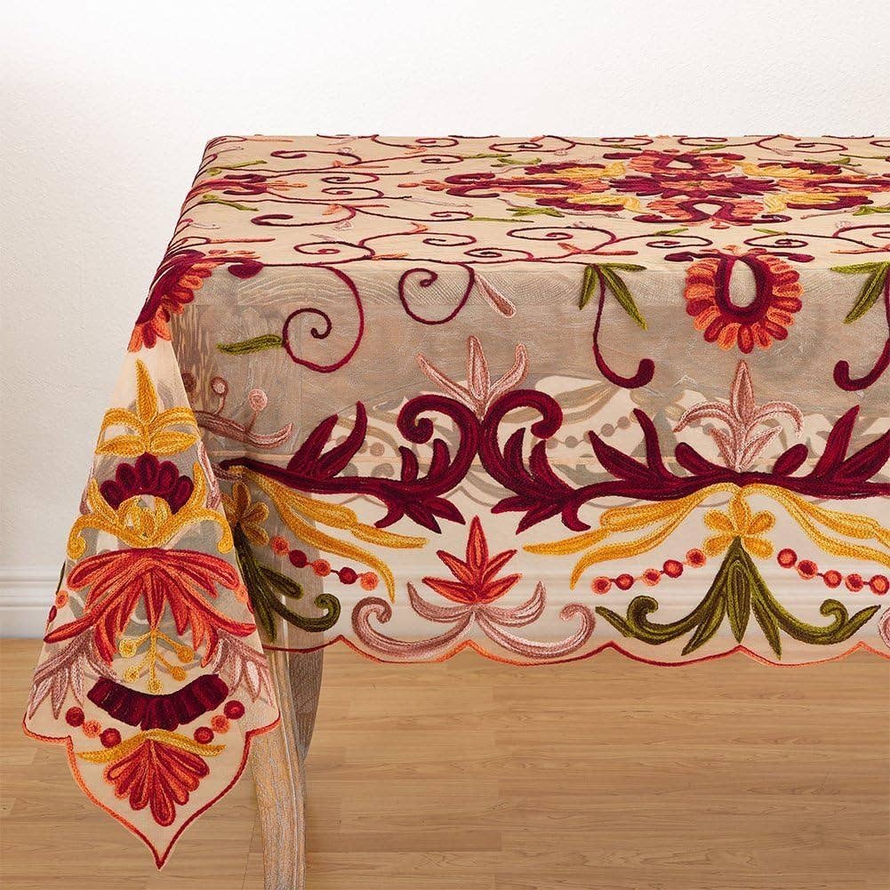 Red Multi Embroidered Floral Tablecloth