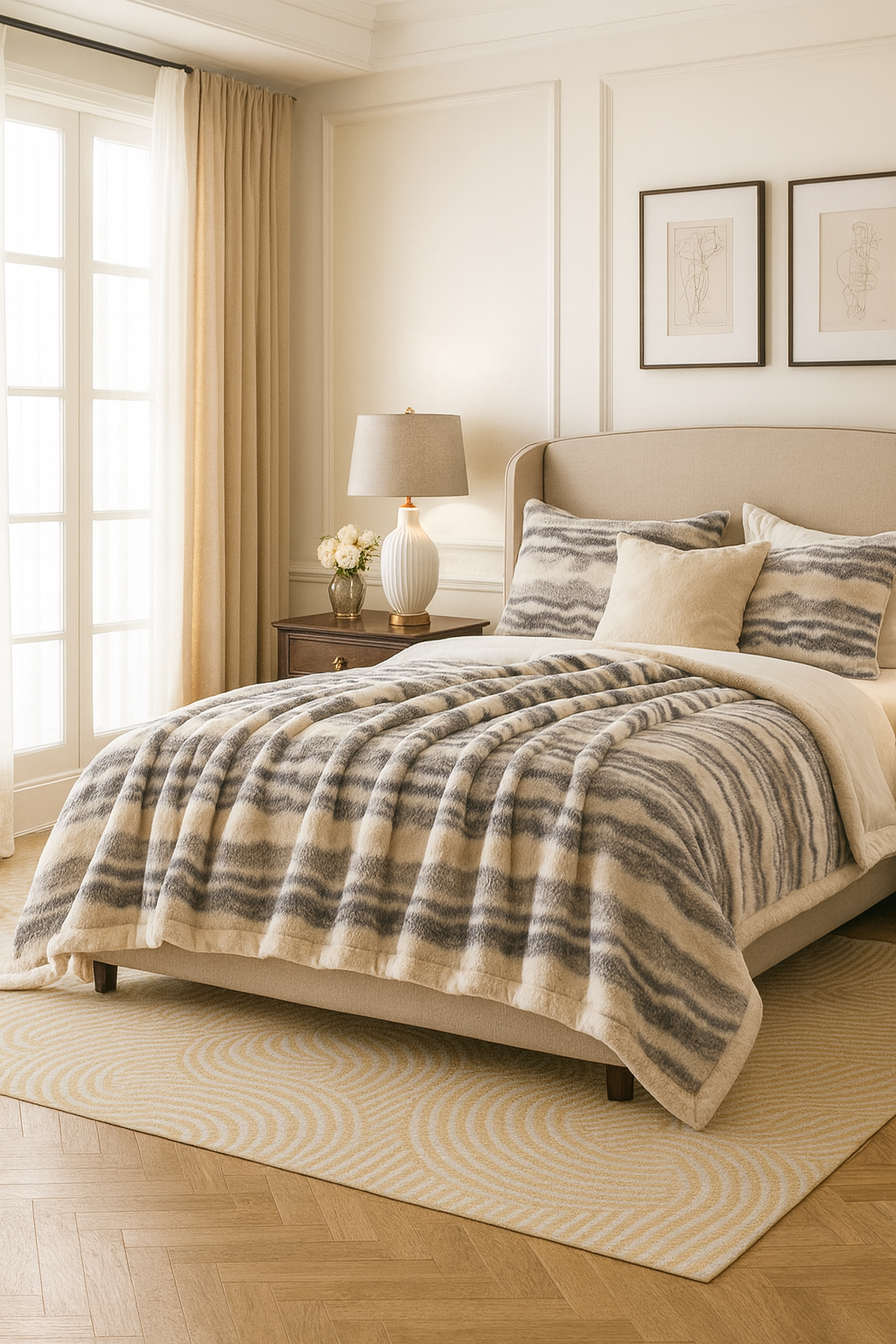 Grey Stripe Fuzzy Faux Fur 60x80 Throw Blanket