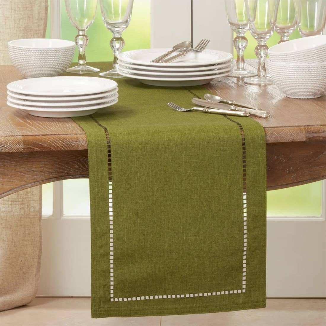 9738 - Green Laser-Cut Hemstitch Table Runner