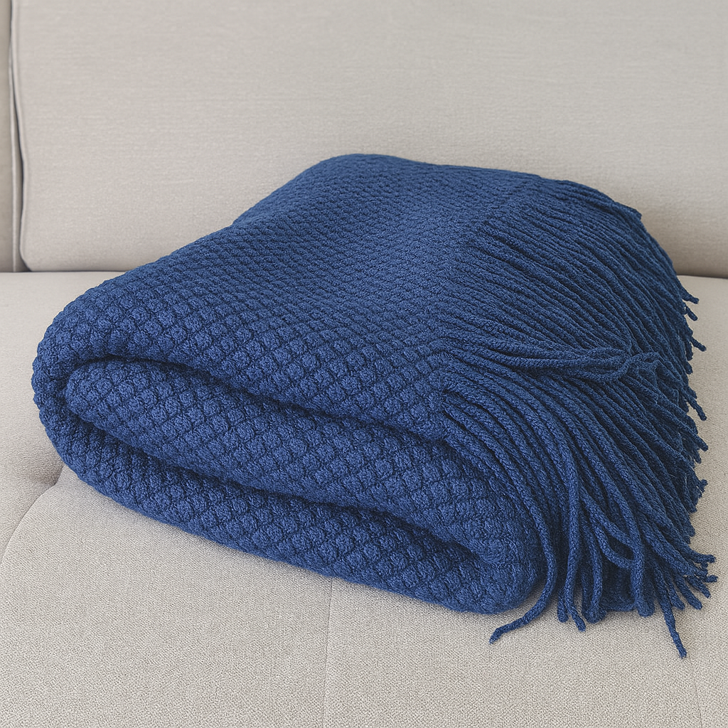 Navy Textured Knit Throw Blanket with Fringe – 50" x 60"