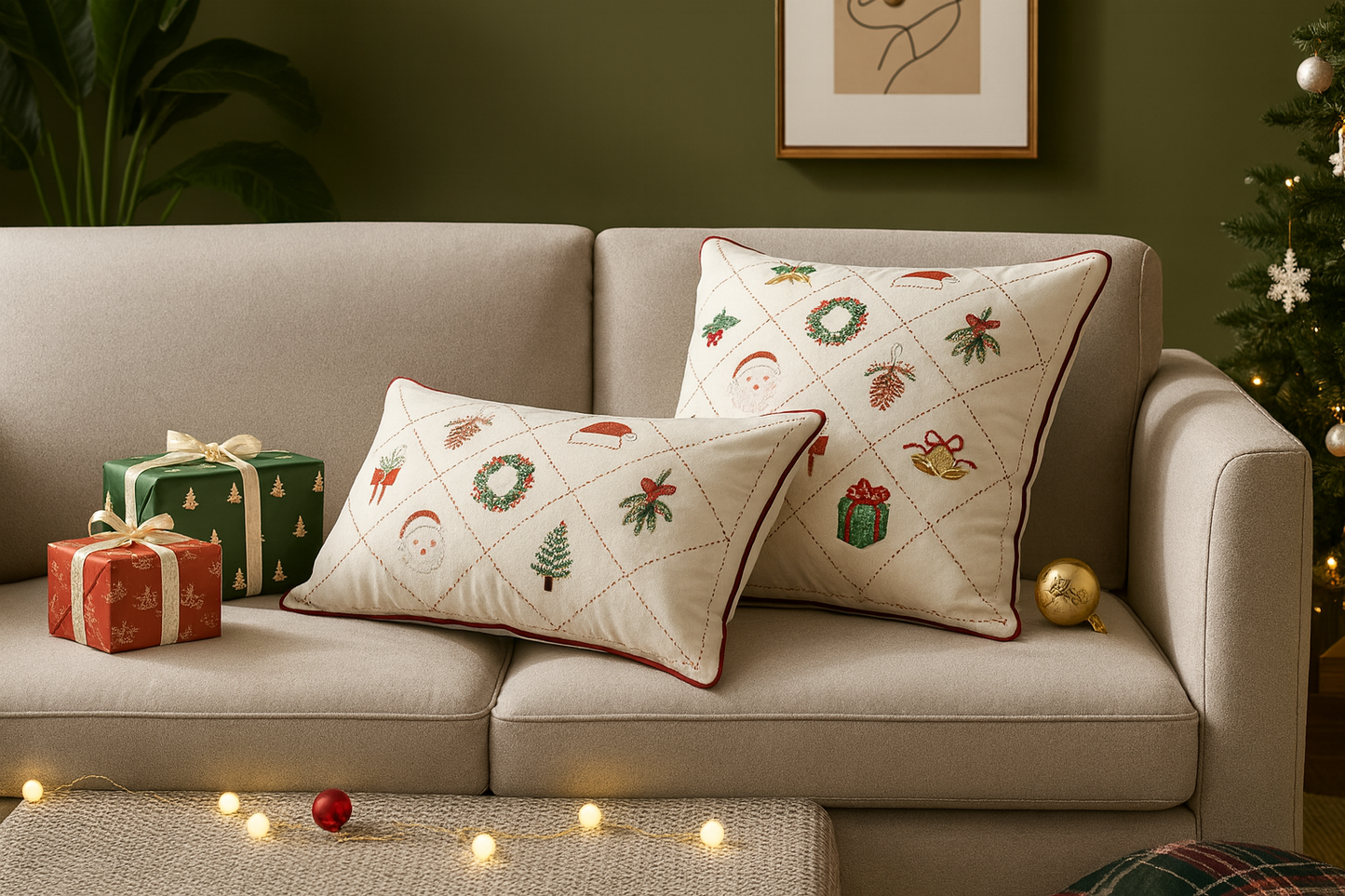 Christmas Design Velvet White Throw Pillow