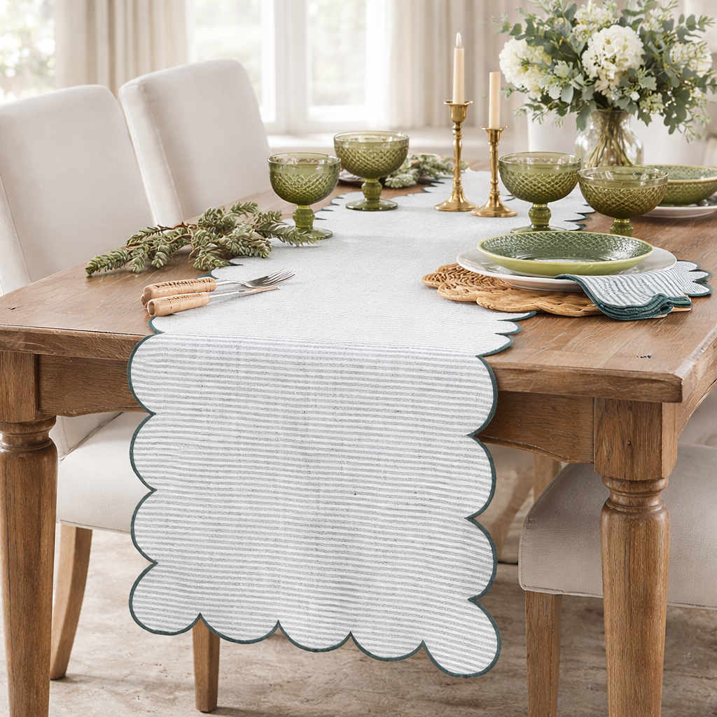 8122 - Green Striped Scalloped 16"X72" Cotton Table Runner