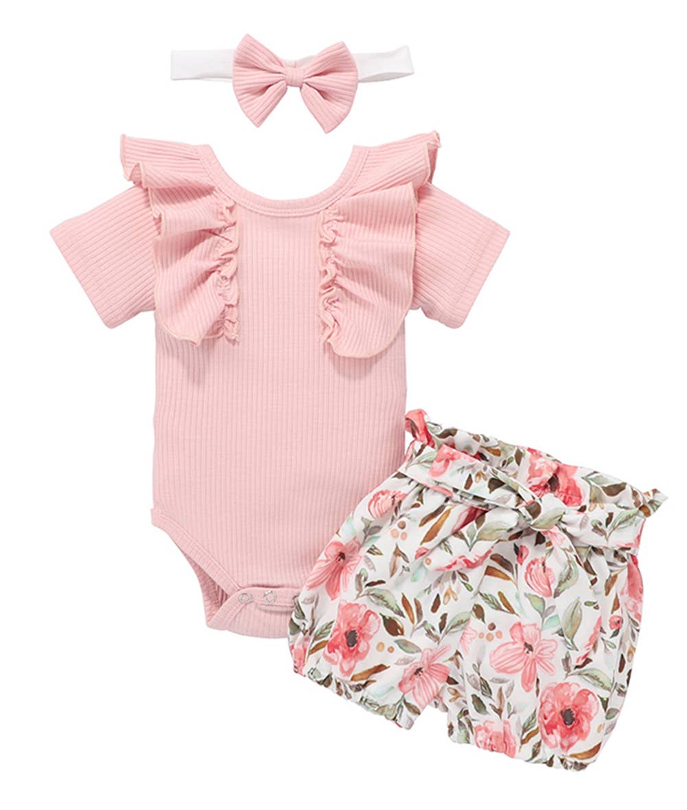 Pink Ruffle Baby Romper, Floral Shorts & Headband 3pcs