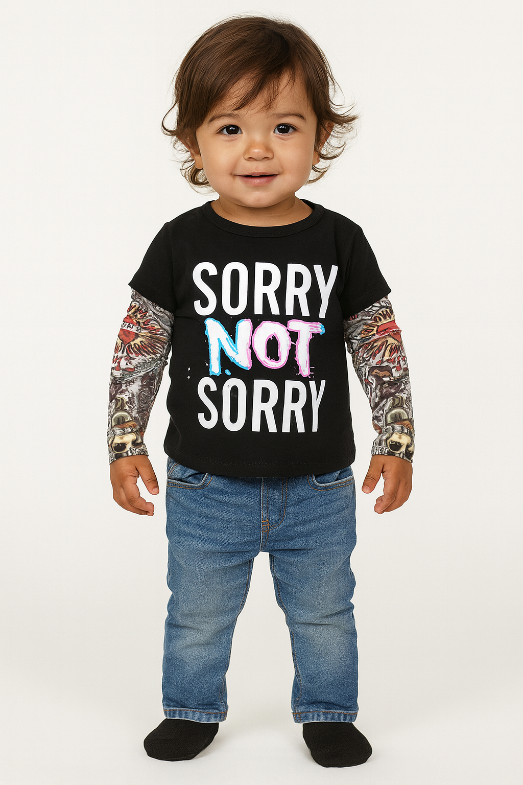 Black “SORRY NOT SORRY” Tattoo Sleeve Unisex Kids T-Shirt