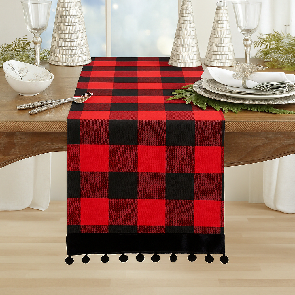 Buffalo Plaid Red Black Velvet Pom Pom Trim Table Runner