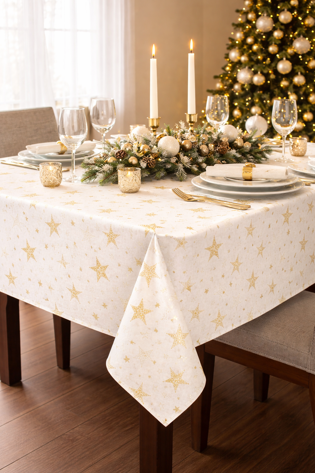 Golden Holly Star Holiday Ivory 70" Square Tablecloth