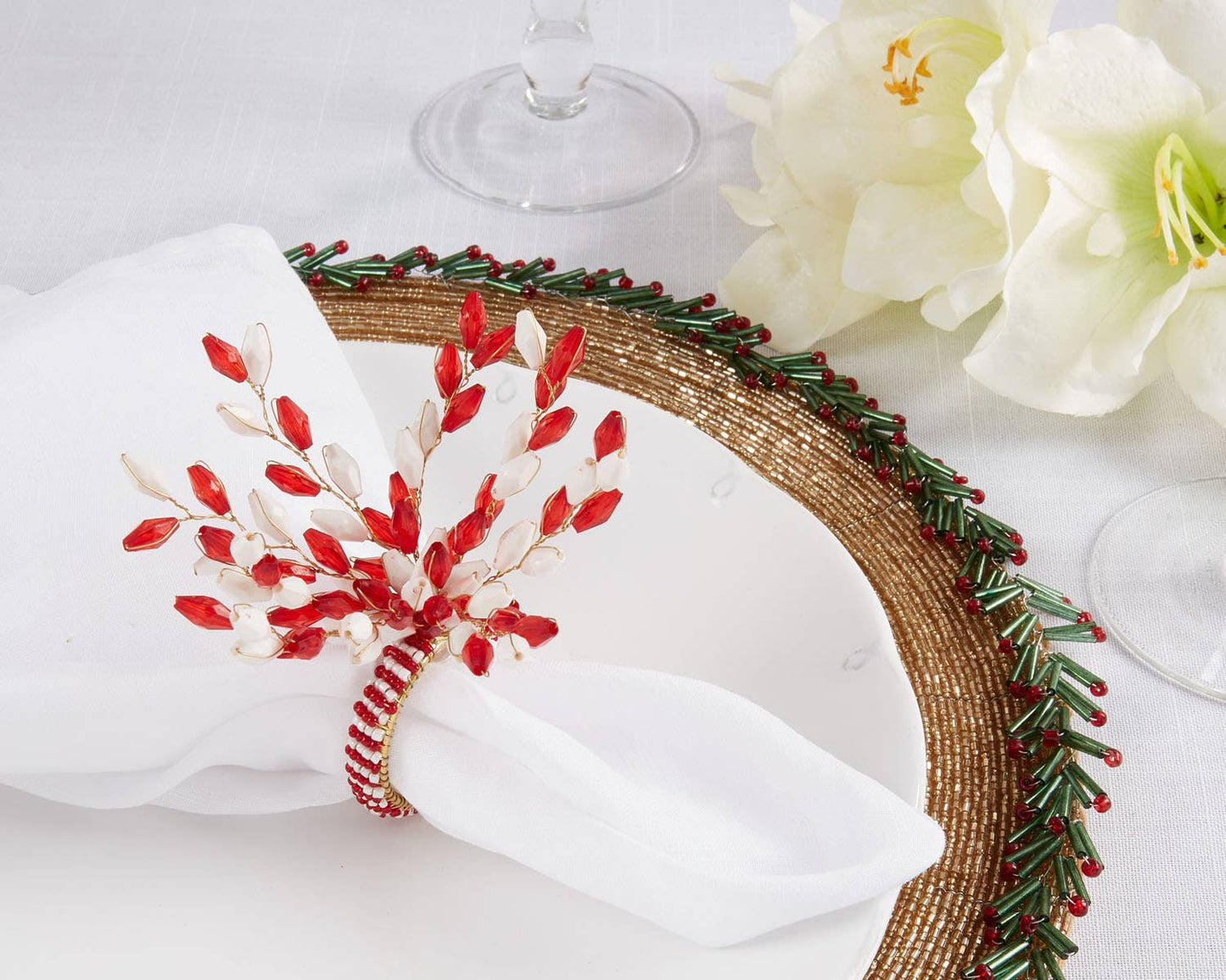 Red & White Festive Beaded Napkin Ring