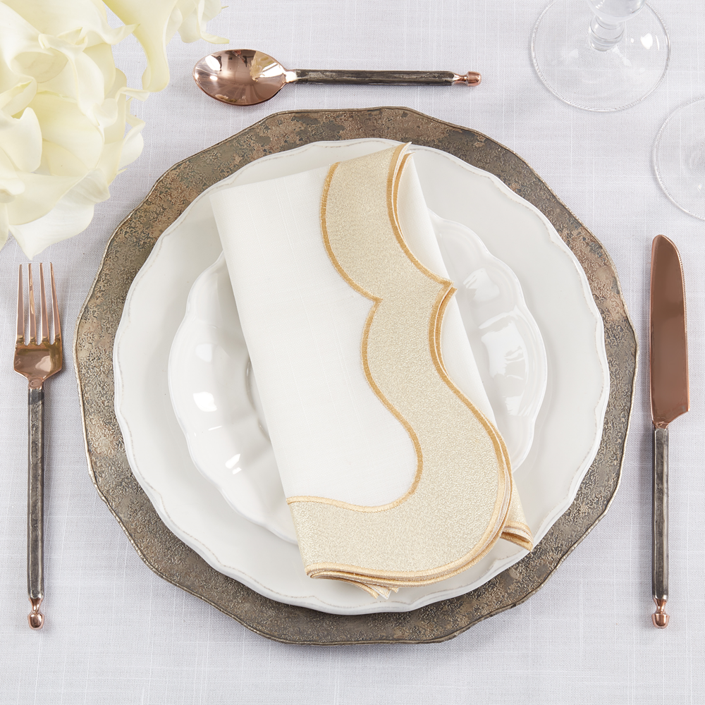 3002 - Gold Shimmering Scallop Border White 20" Cloth Napkin