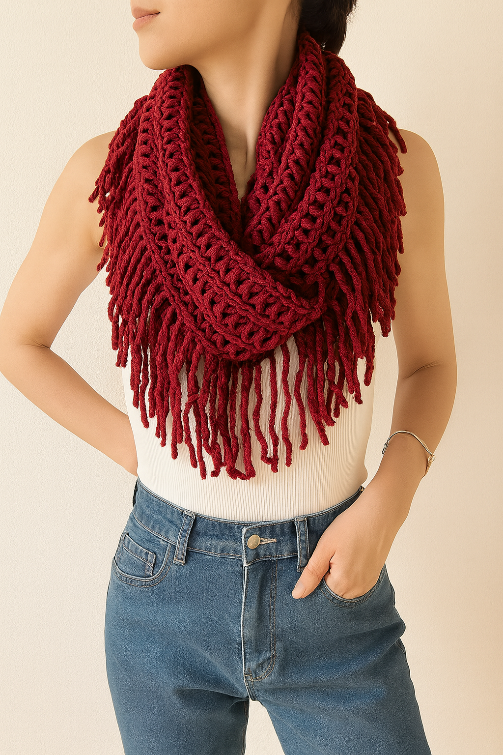 Red Knit Tassel Infinity Loop Scarf