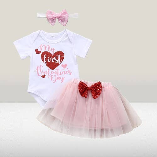 Pink-White My First Valentine's Day 3pcs Baby Outfit