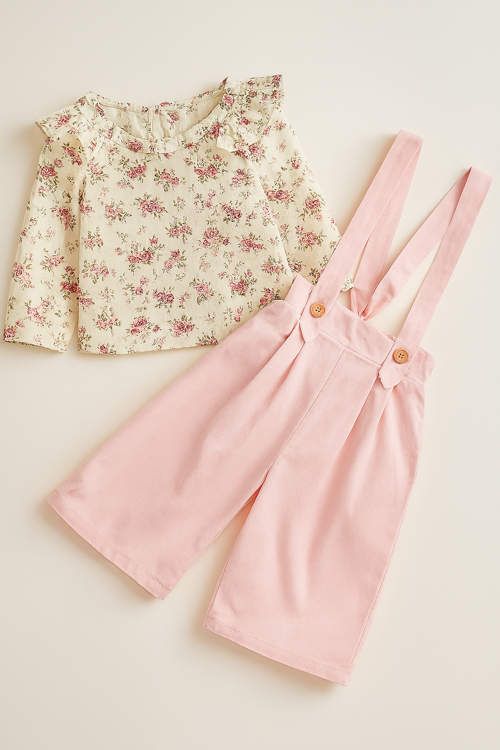 Floral Ruffle Top & Pink Suspender Wide Leg 2pcs Baby Outfit