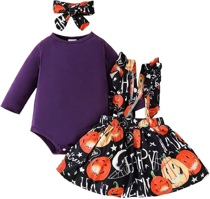 Purple Spooky Pumpkin 3pcs Baby Dress Outfit