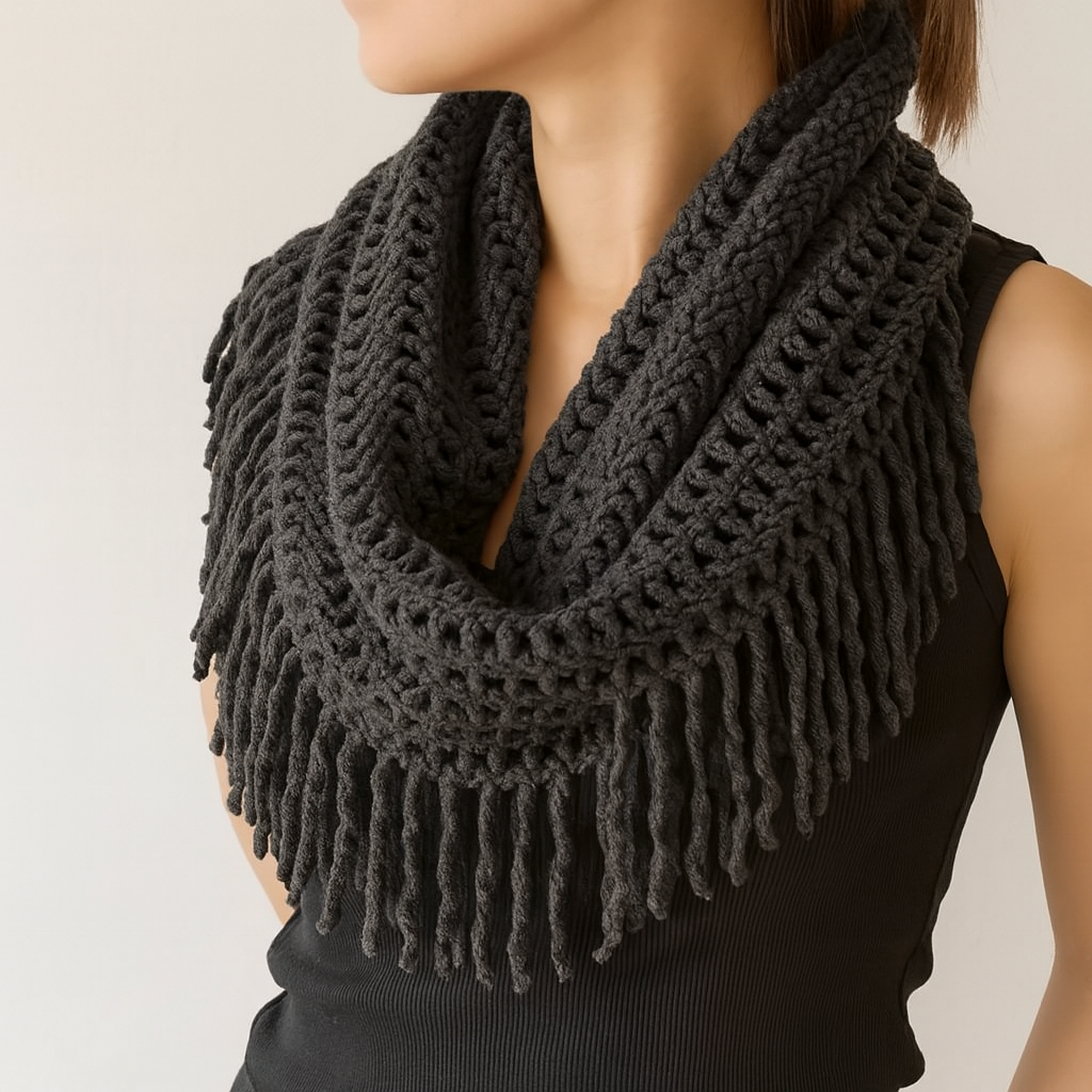 Slate Grey Knit Tassel Infinity Loop Scarf