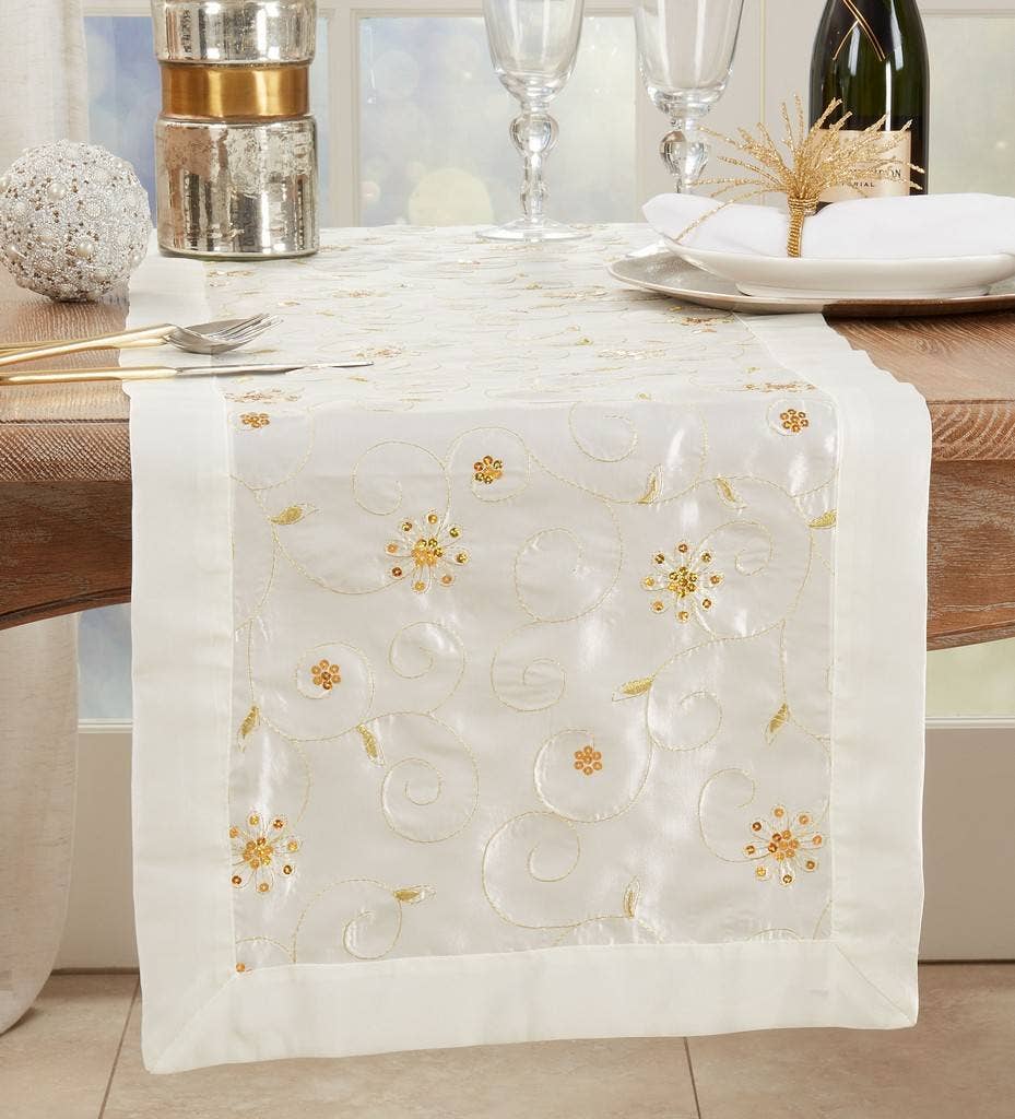 Gold Embroidery & Sequin Ivory Holiday Table Runner (Copy