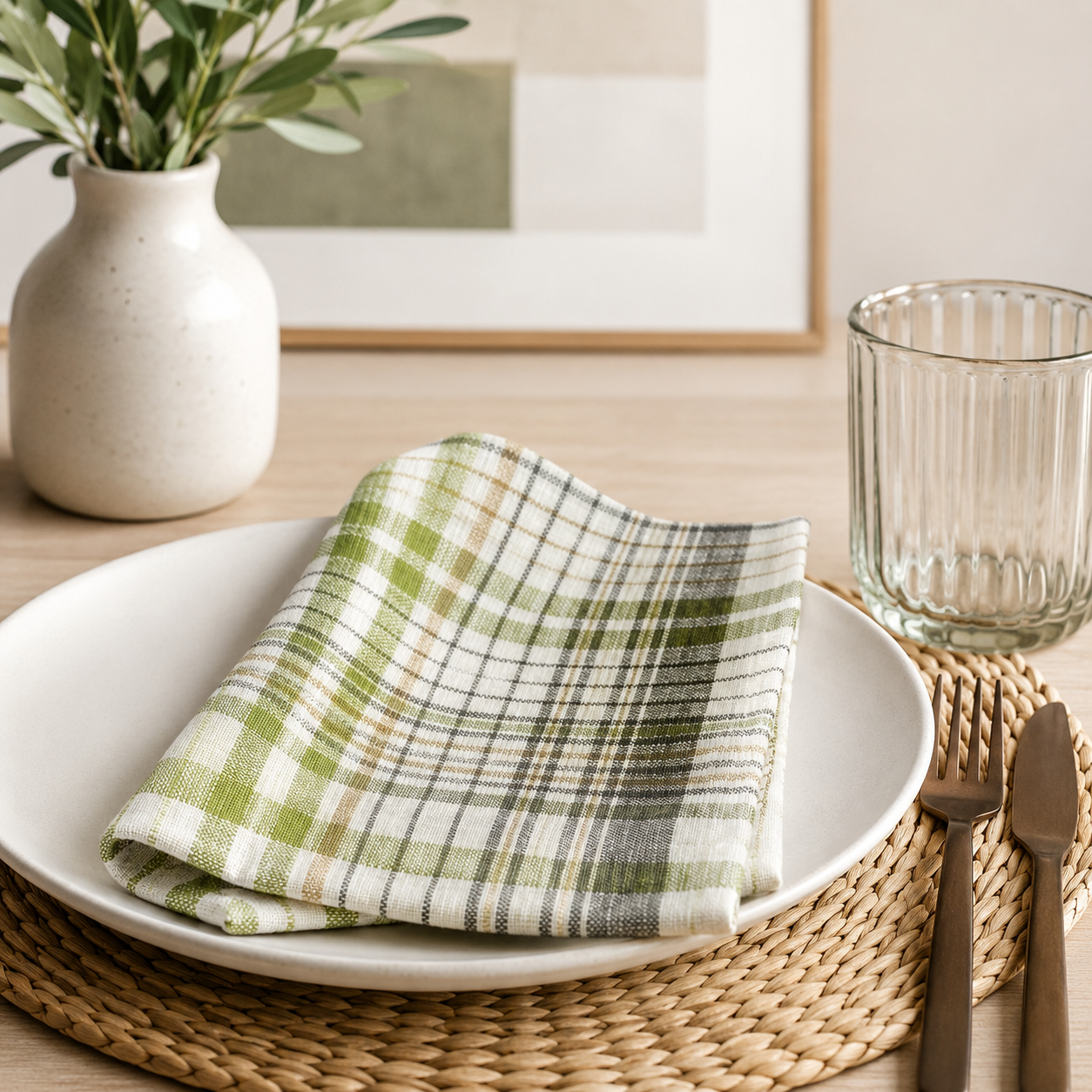 Sage Plaid Cotton 20" Cloth Napkin