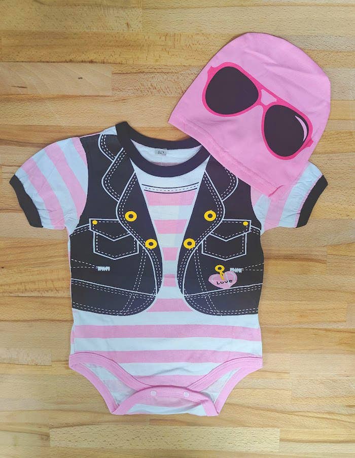 Pink Rocker Cotton Baby Romper and Hat
