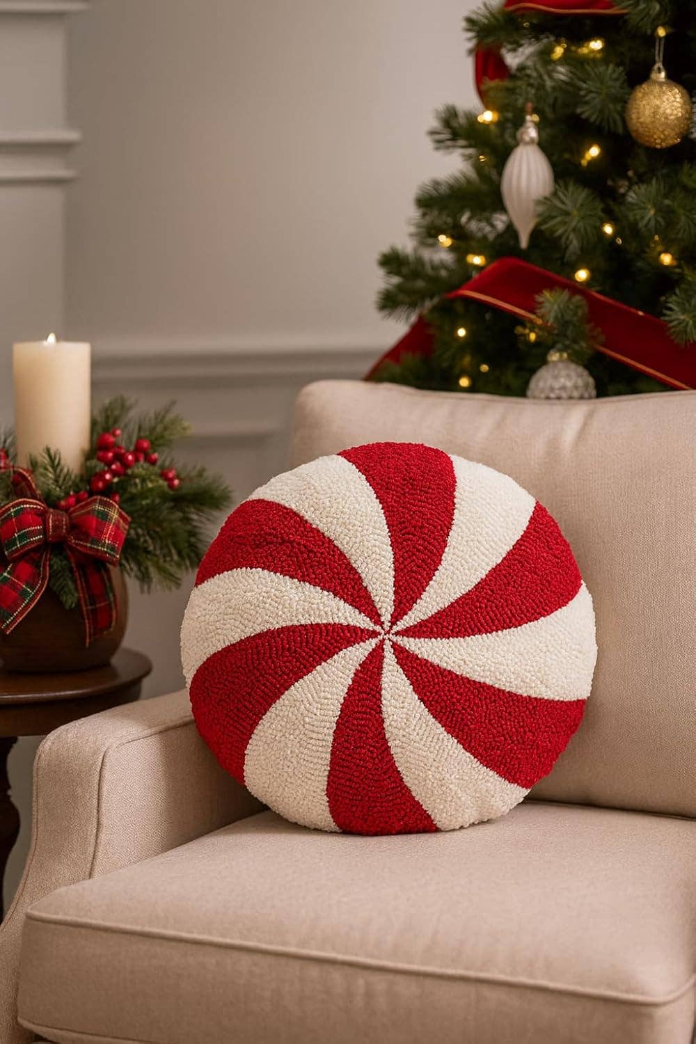 Red and White Candy Cane Filled 15" Round Throw Pillow