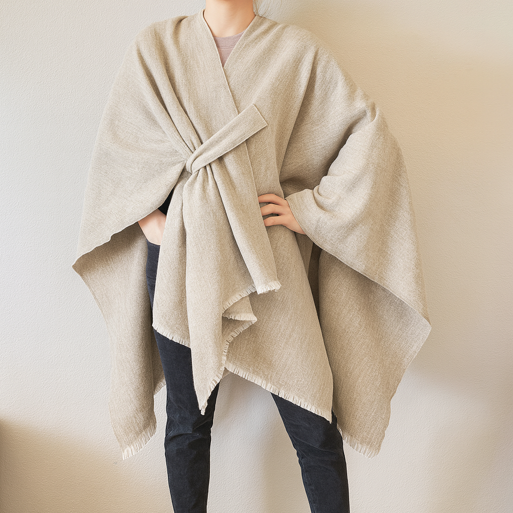 Beige Fringe Poncho Warm Open Front Shawl Cape