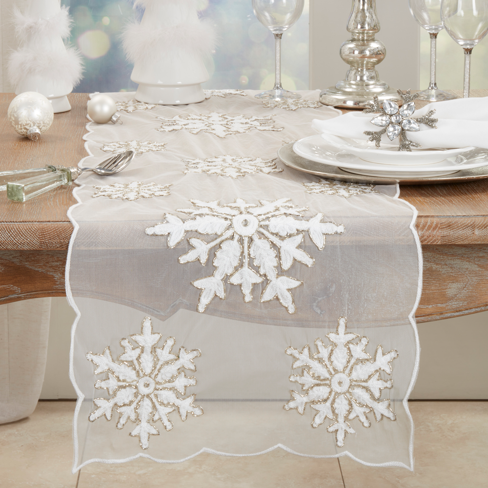White Beaded & Embroidered Snowflake Table Runner