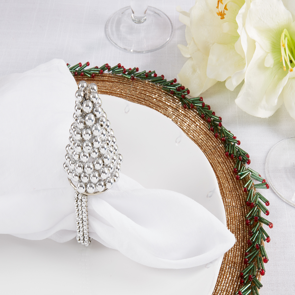 Silver Pearl Christmas Tree Napkin Ring Holder