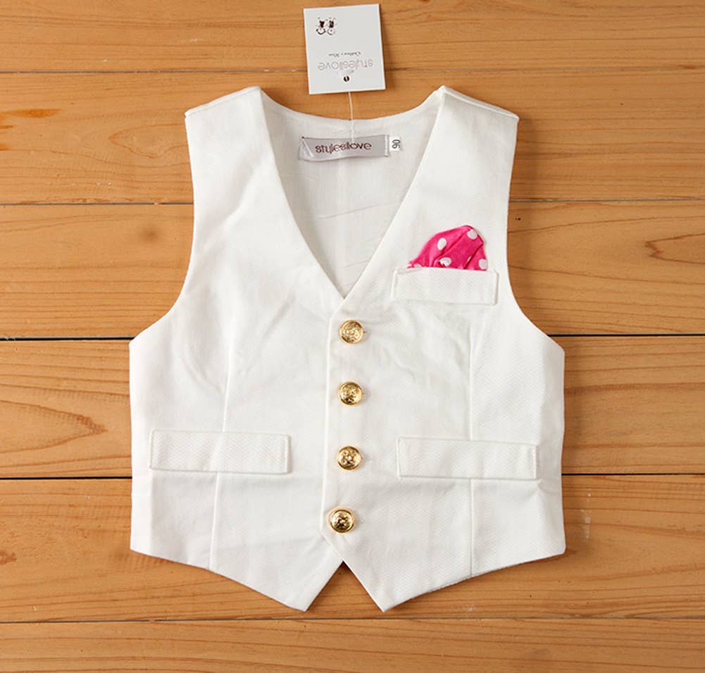 White Faux Tie Gold Buttons Boy Tuxedo Vest
