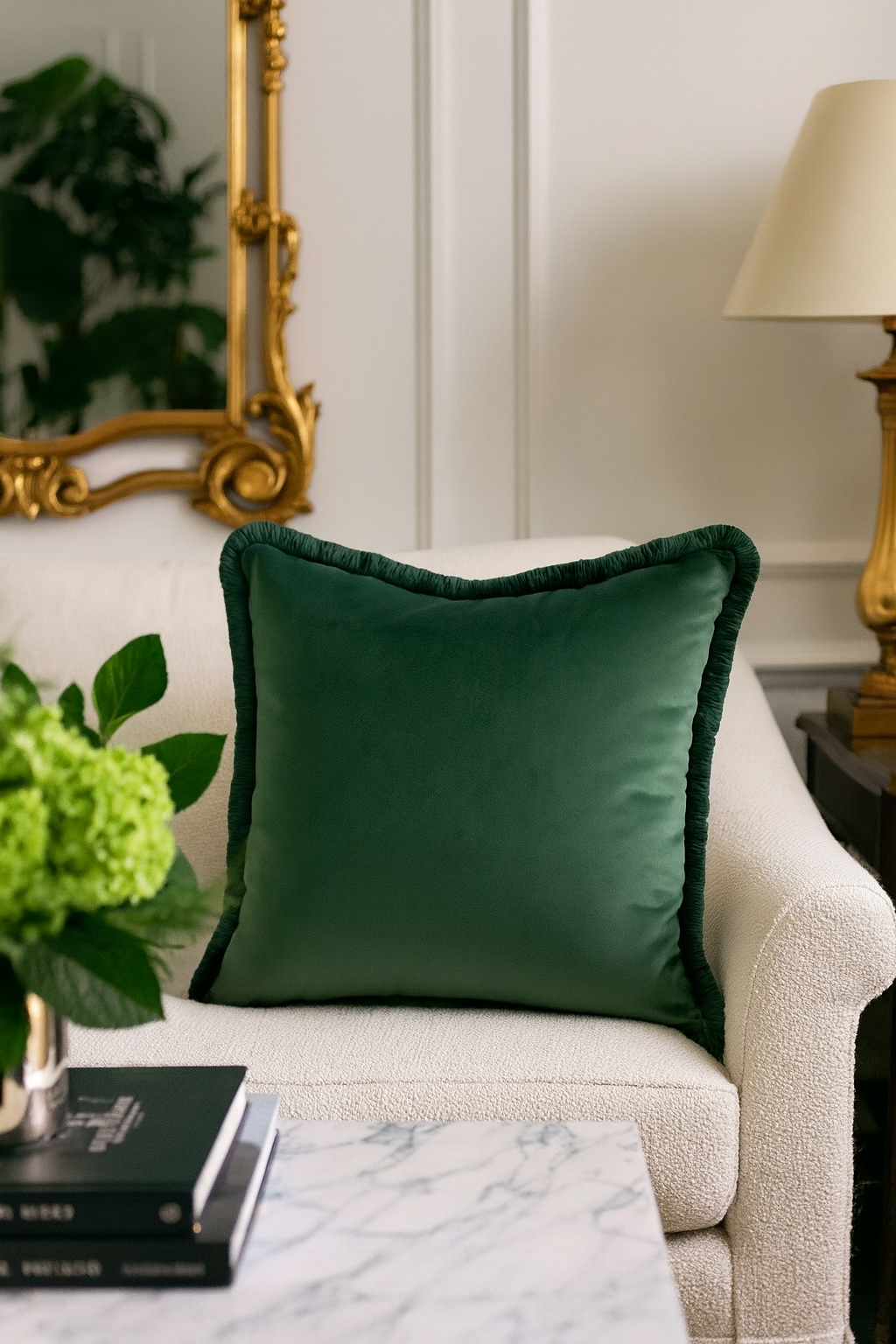 Green Classic Velvet Fringed 17" Throw Pillow