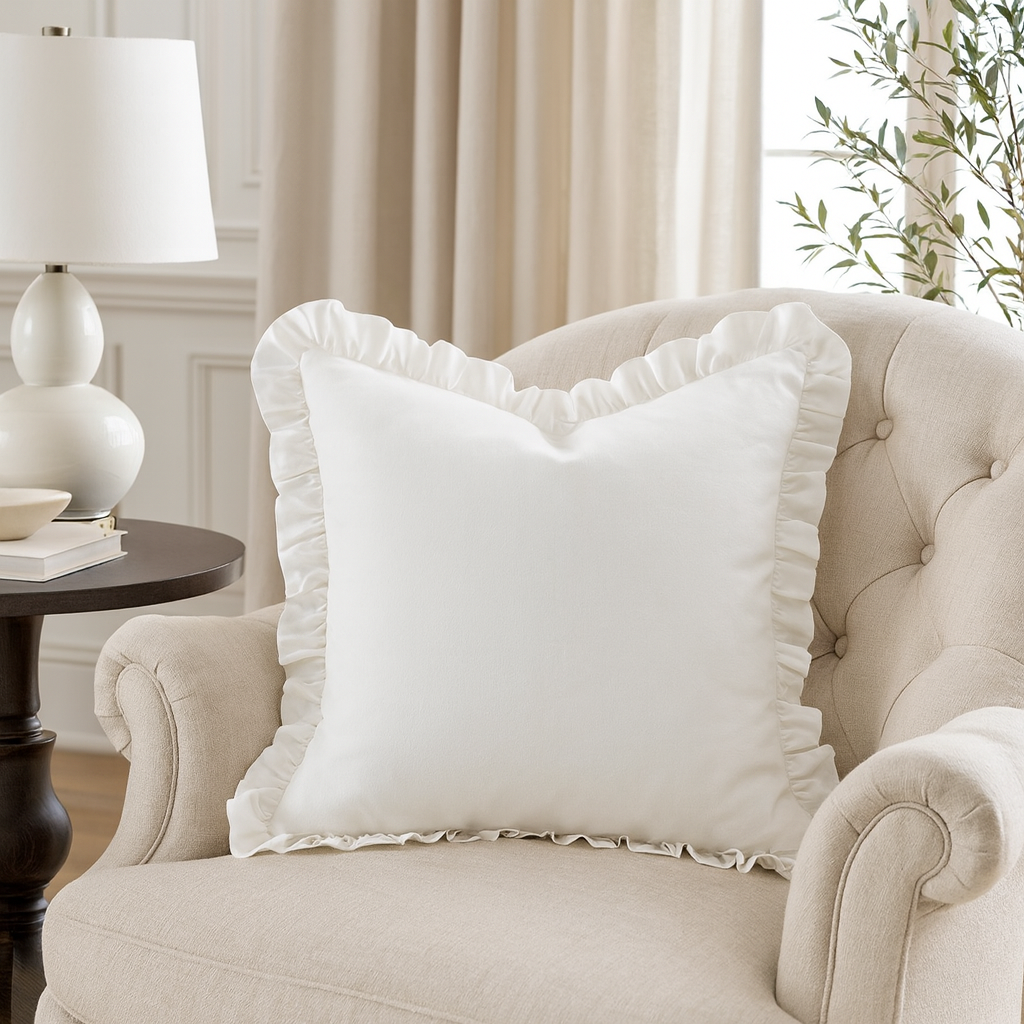 13069 - Ivory Ruffled Linen 20" Down-Filled Throw Pillow