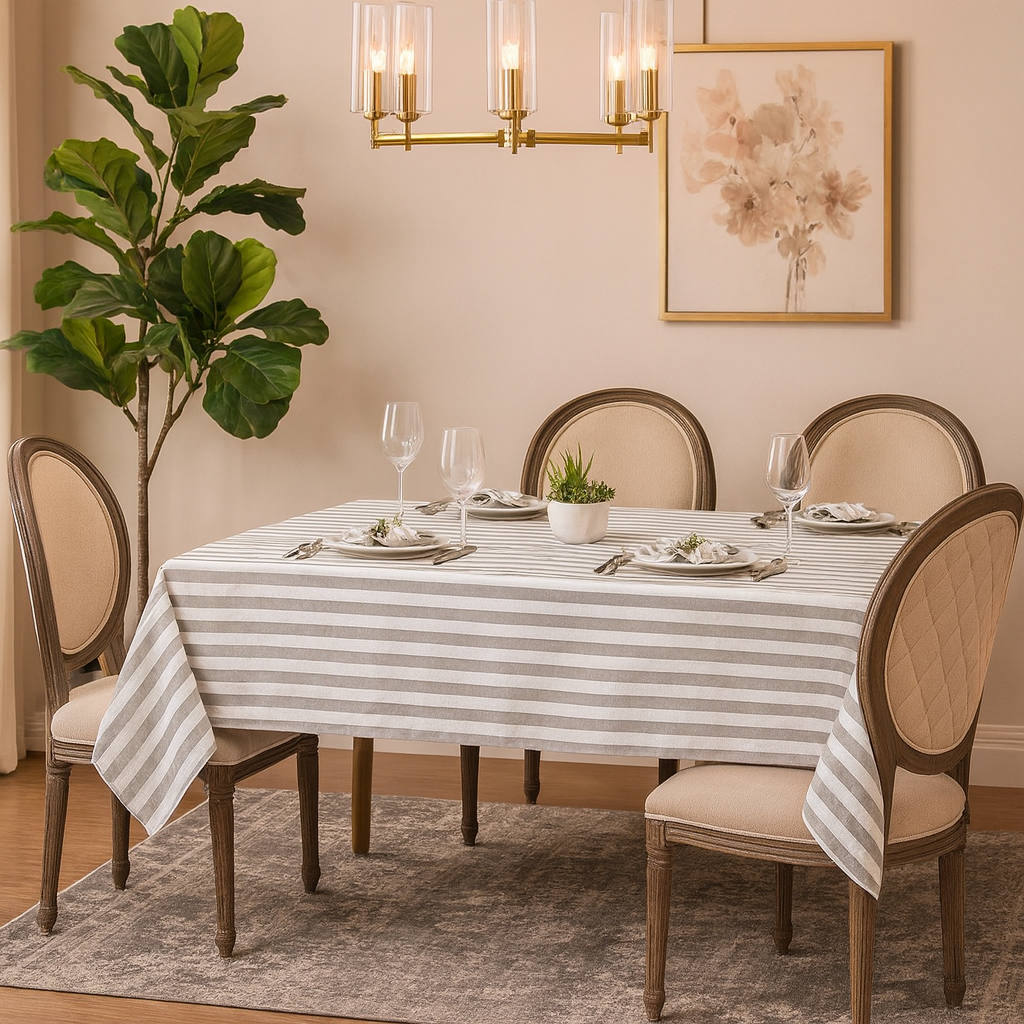 Beige & White Stripe Cotton 56" Square Tablecloth