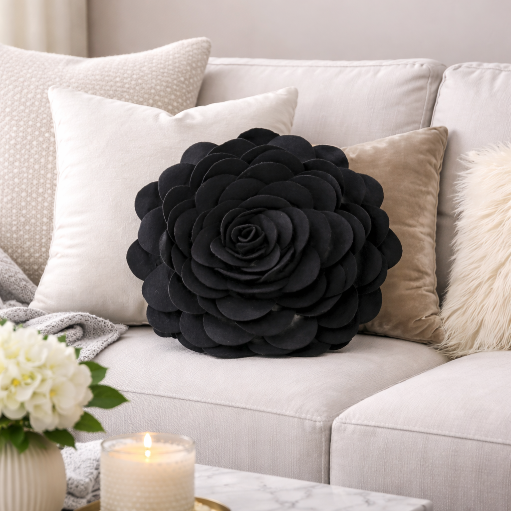 Black 3D Rose Flower Filled Throw Pillow