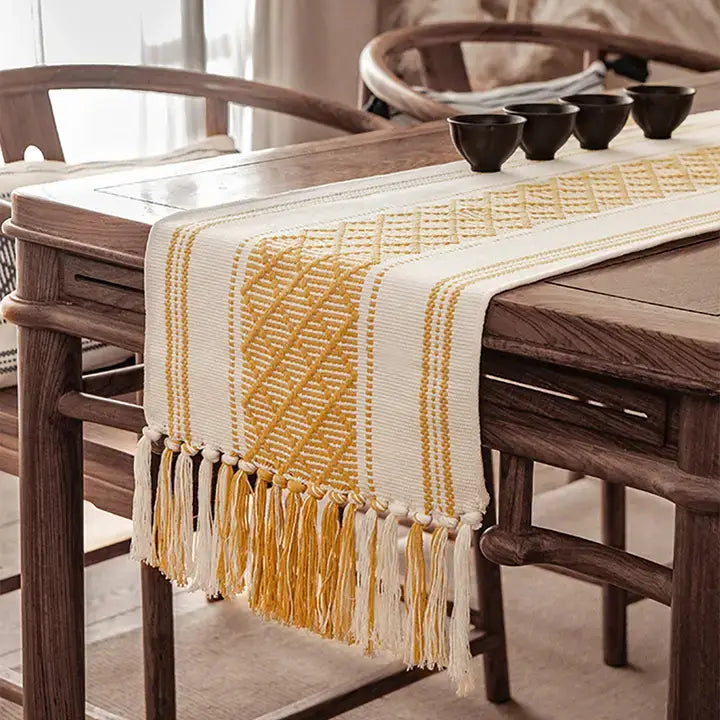 Yellow Diamond Stitched Tasseled Cotton Blend Table Runner