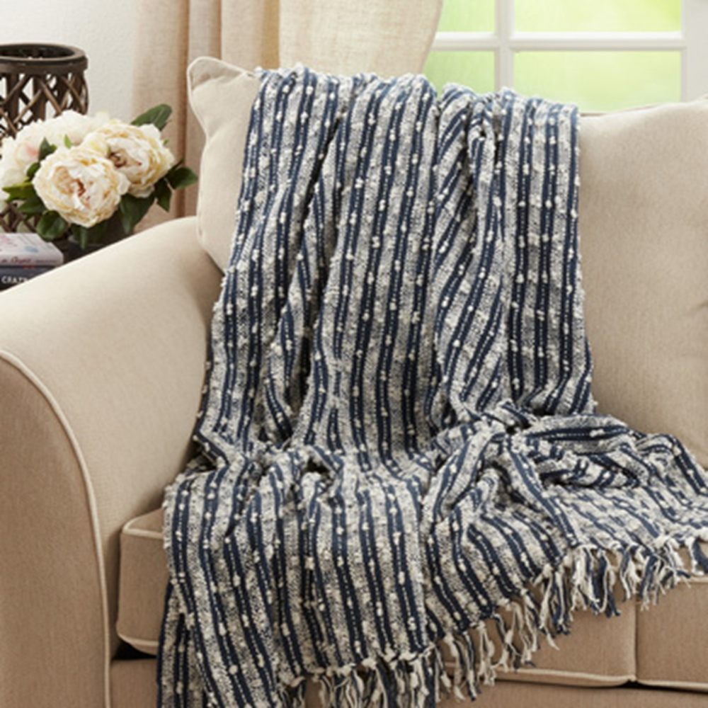 Navy Blue Striped Cotton Throw Blanket