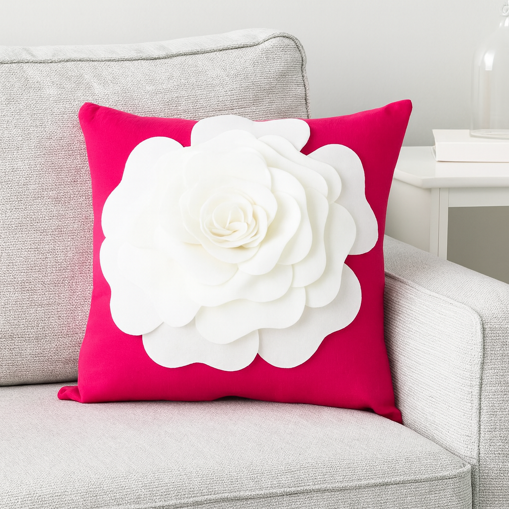 PLW0123 - Fucshia 3D White Rose Flower 17" Throw Pillow