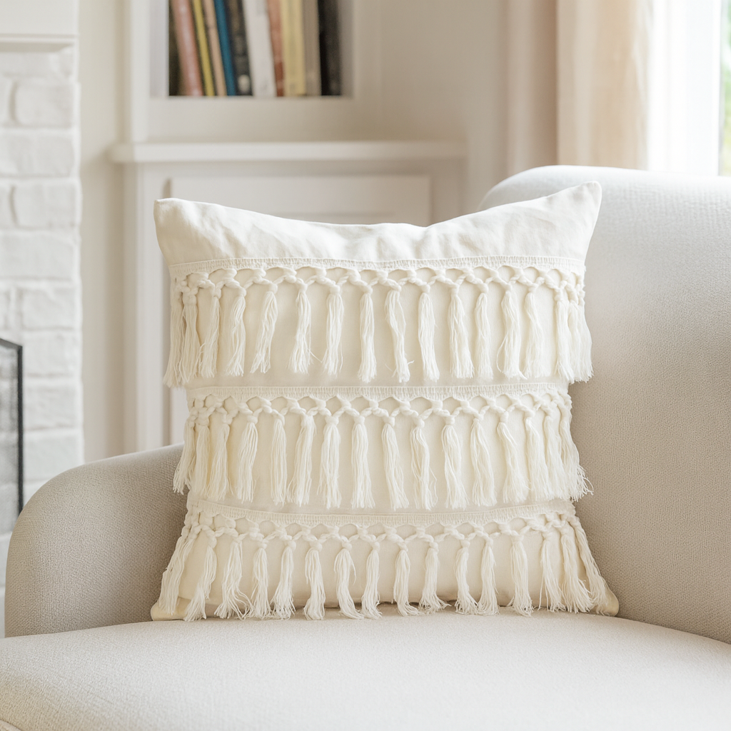 White Fringed Cotton 18x18 Decorative Throw Pillow