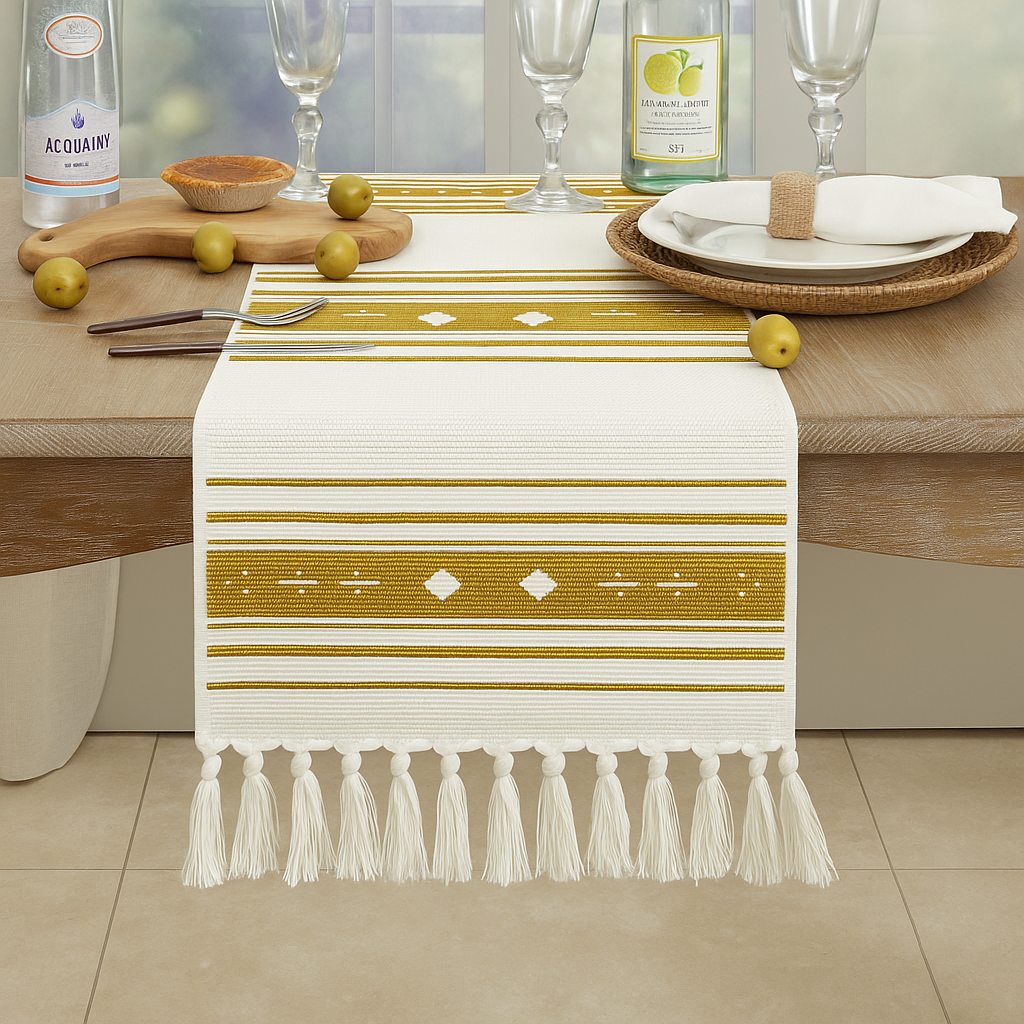Mustard Geometric Print Cotton Table Runner with Tassels