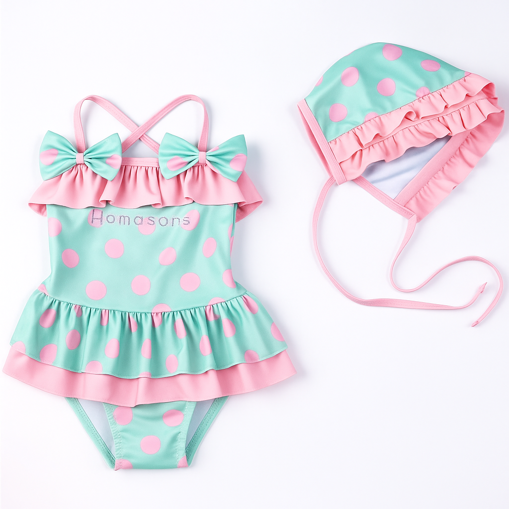 Pink Polka Dots Green Little Girl Swimsuit & Hat