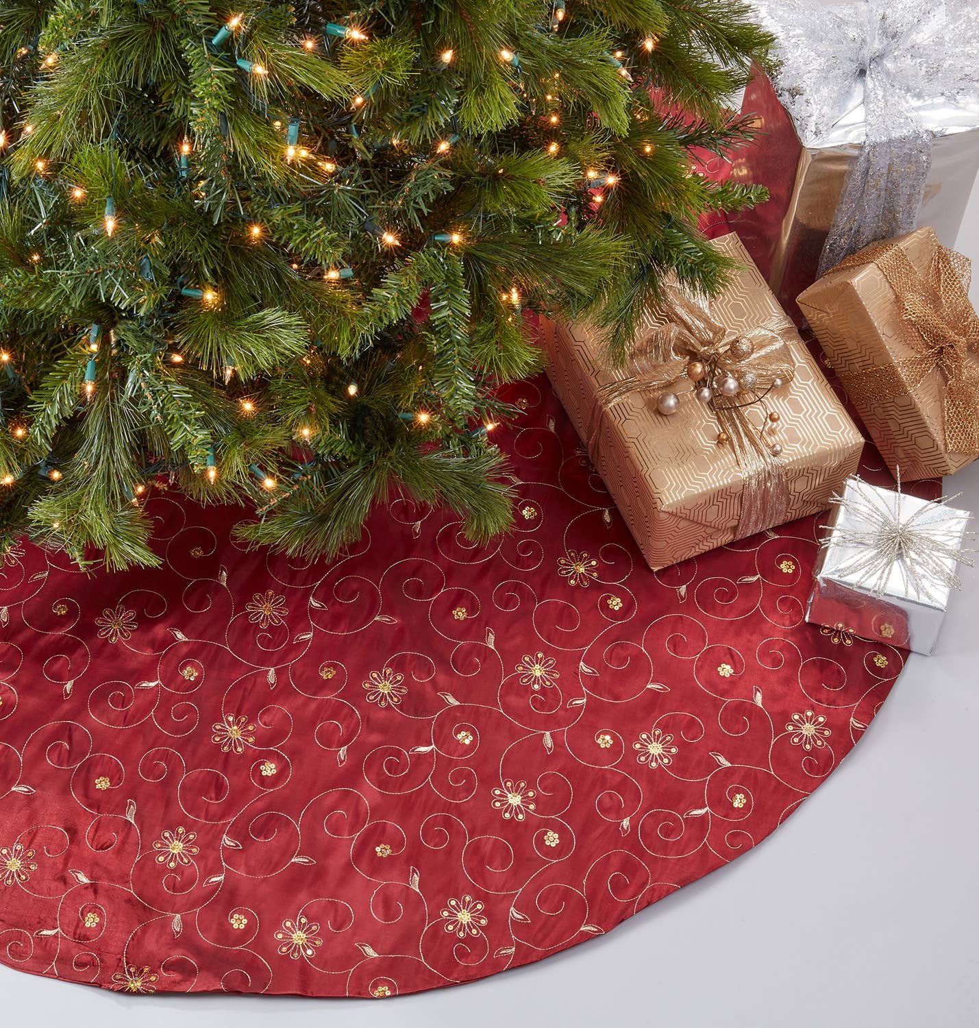 54" Burgundy Embroidered & Sequined Tree Skirt