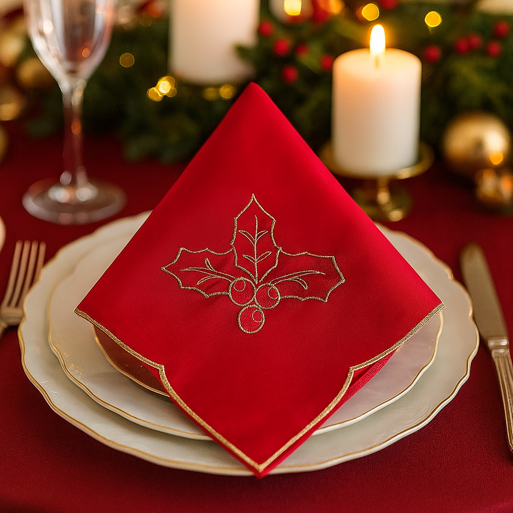 Embroidered Christmas Design 20" Red Napkin