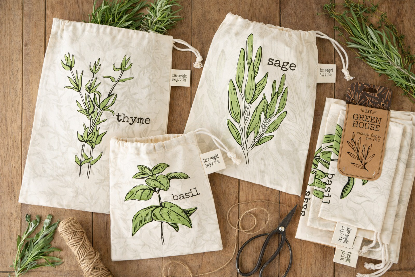 Botanical Greenhouse Reusable Cotton Produce Bags– Set of 3
