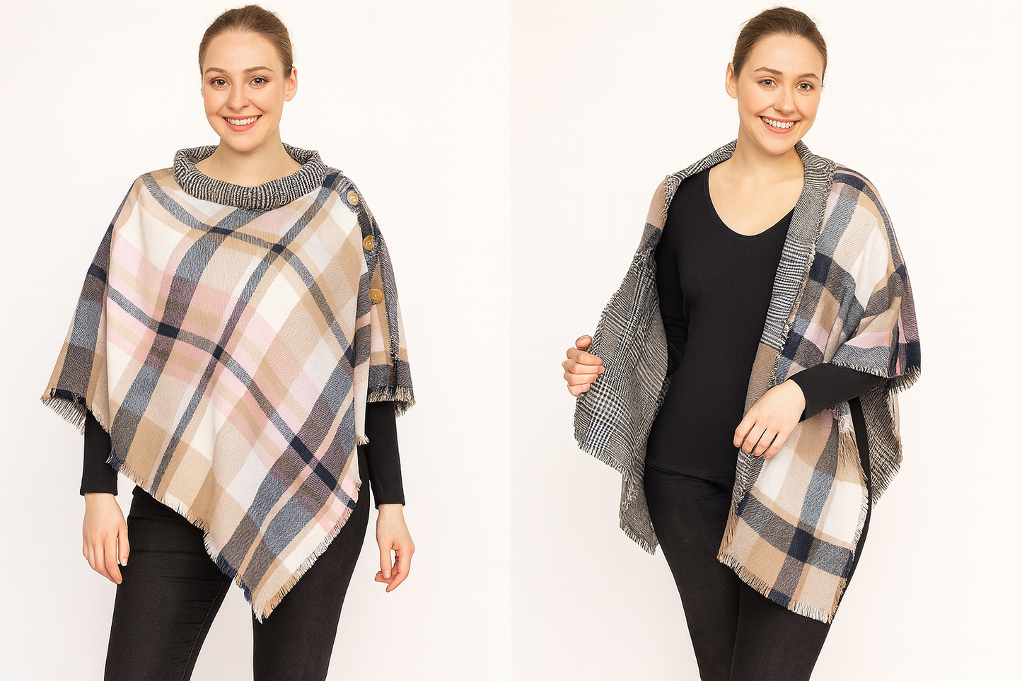 Taupe Coconut Buttons Reversible Wrap Poncho