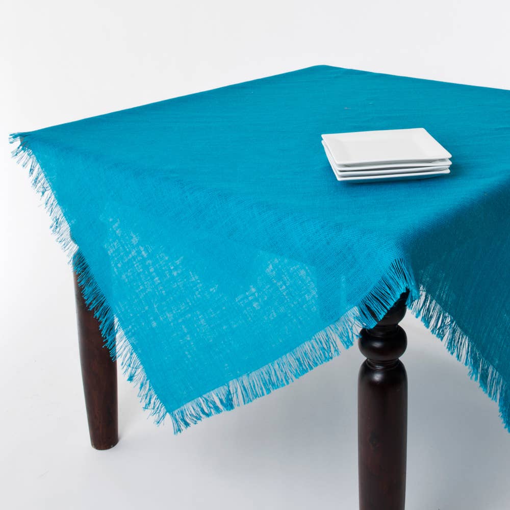Turquoise Fringed Jute Woven 60" Square Tablecloth