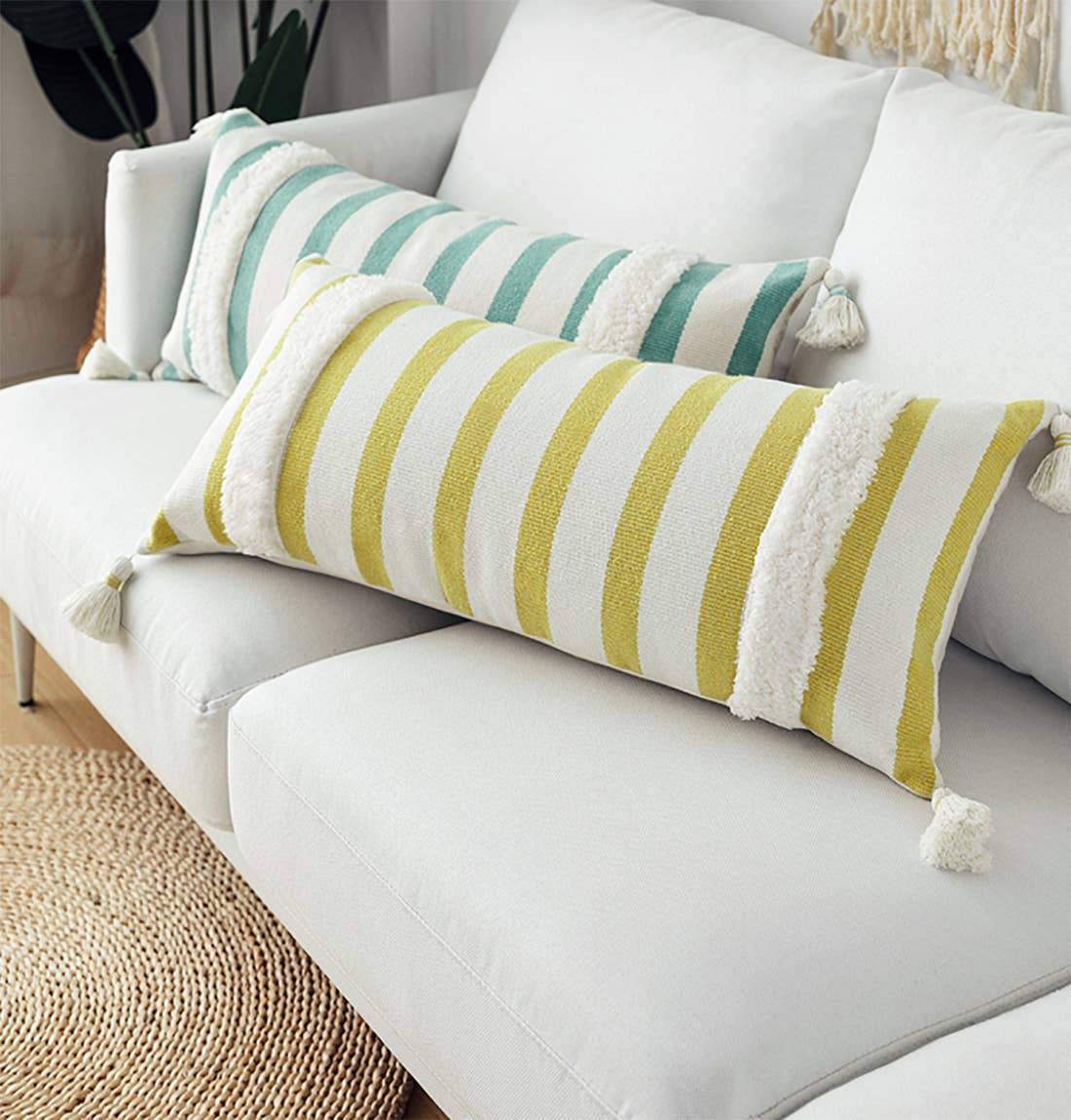 Handcrafted Tufted Striped 14"x32" Throw Pillow