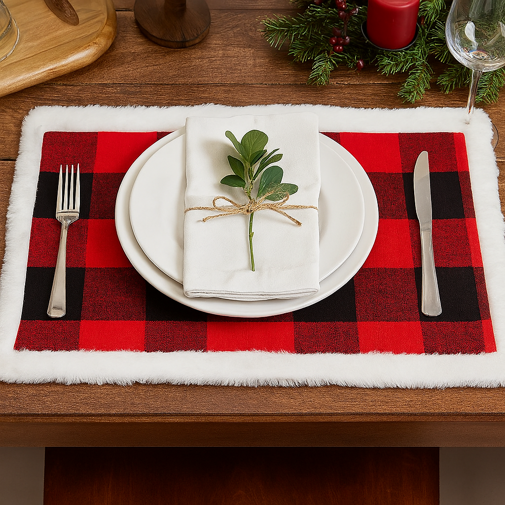 Buffalo Plaid Faux Fur Border 13x19 Inch Placemat